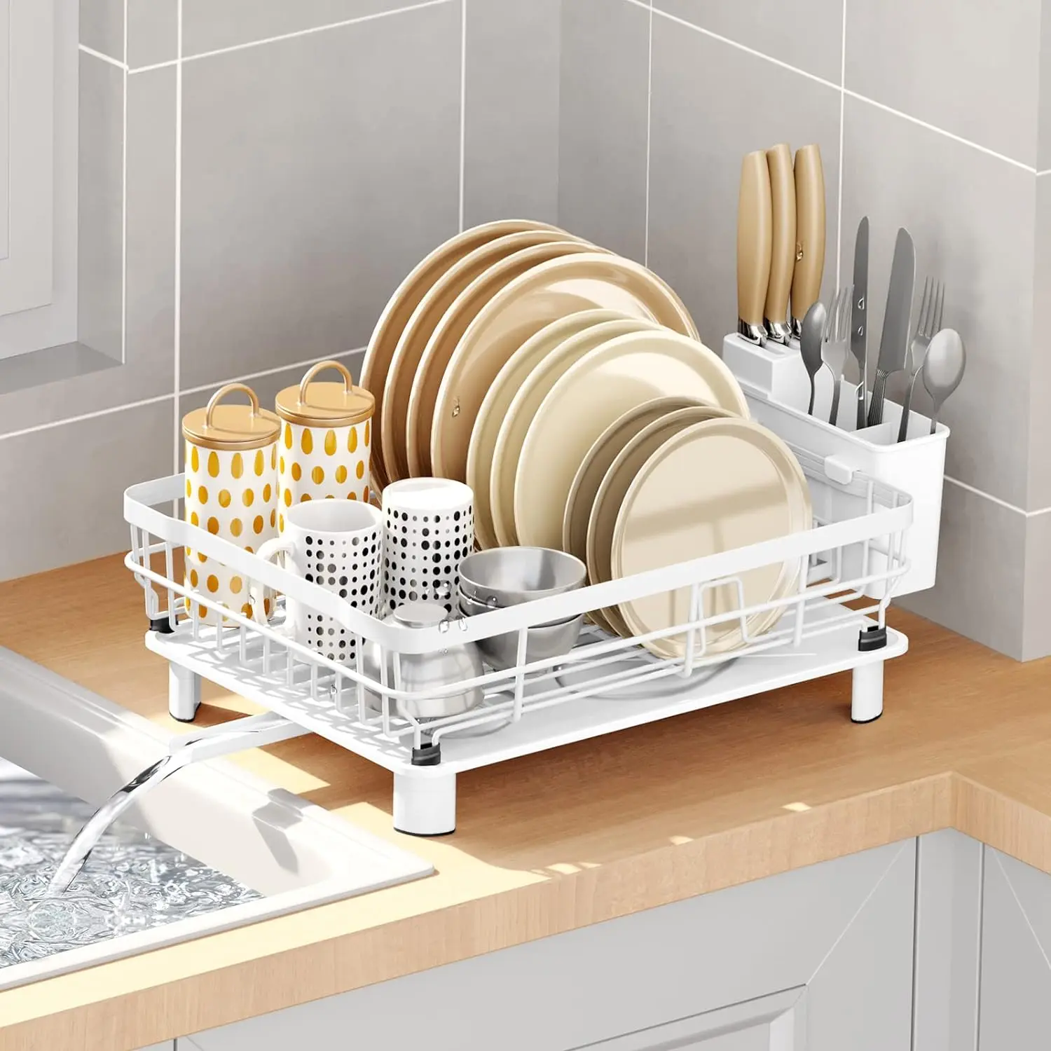 Iron Dish Drying Rack Set with Drainboard Dish Drainers for Kitchen Counter Sink Adjustable Spout Dish Strainers with Utensil Holder and Knife Slots