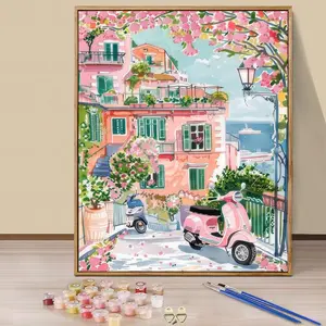 Paint by Numbers Kit for Adults Beginners - 16x20in/40x50cm Color Canvas, Easy DIY Town Pink Scooter Acrylic Painting Set - Wall Decor for Living Room and Bedroom, Creative Gift for Birthday, Mother's Day and Christmas, Without Frame