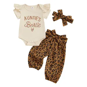 Newborn Infant Toddler Baby Girls Summer Outfits Short Sleeve Letter Print Romper with Leopard Pattern Belted Pants and Headband 2026
