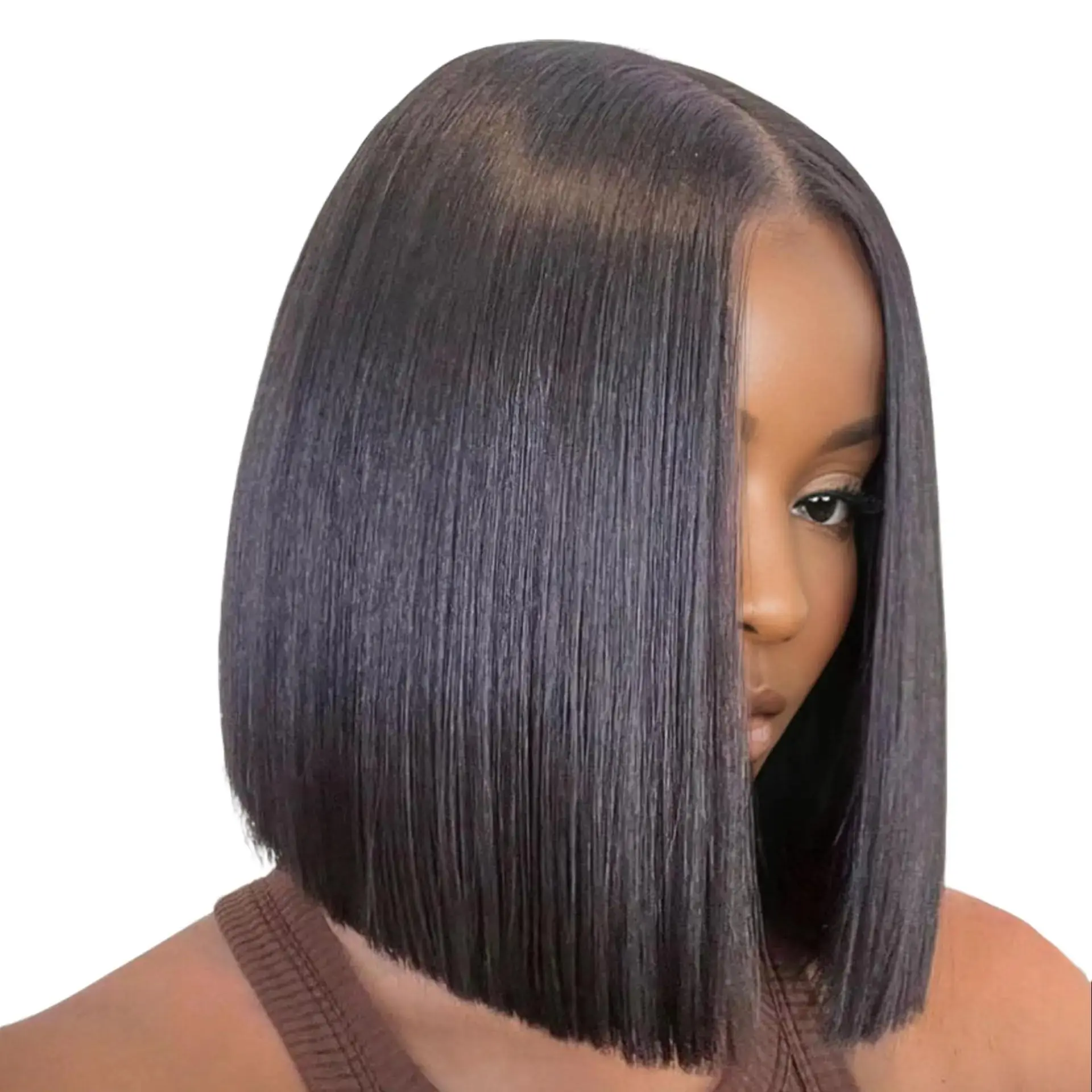 Glueless Bob Wig in Natural Black, 100% Human Hair Straight 2x6 HD Lace Front, Pre-Plucked with Natural Hairline for Easy Install, Ready to Wear Middle Part, Glueless Wigs