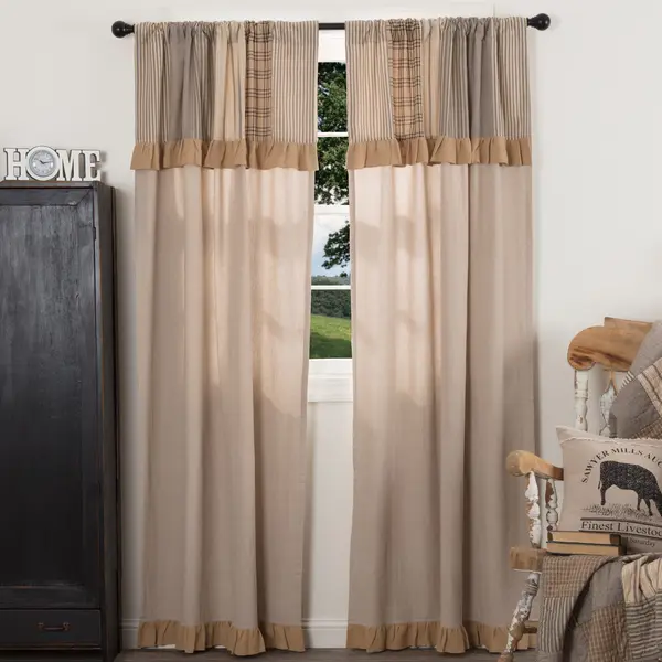 100% Cotton Farmstead Charcoal Patchwork Panel Curtains, Attached Valances, L84x40" Room Decor Curtain for Farmhouse Mood, 100 Percent Cotton