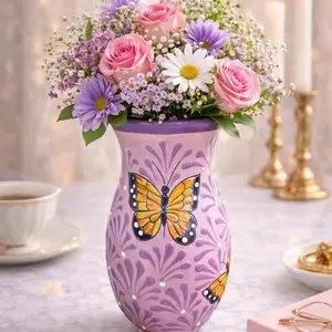 Handmade Flower Vase With Butterfly Print in Purple Color for Home Decor