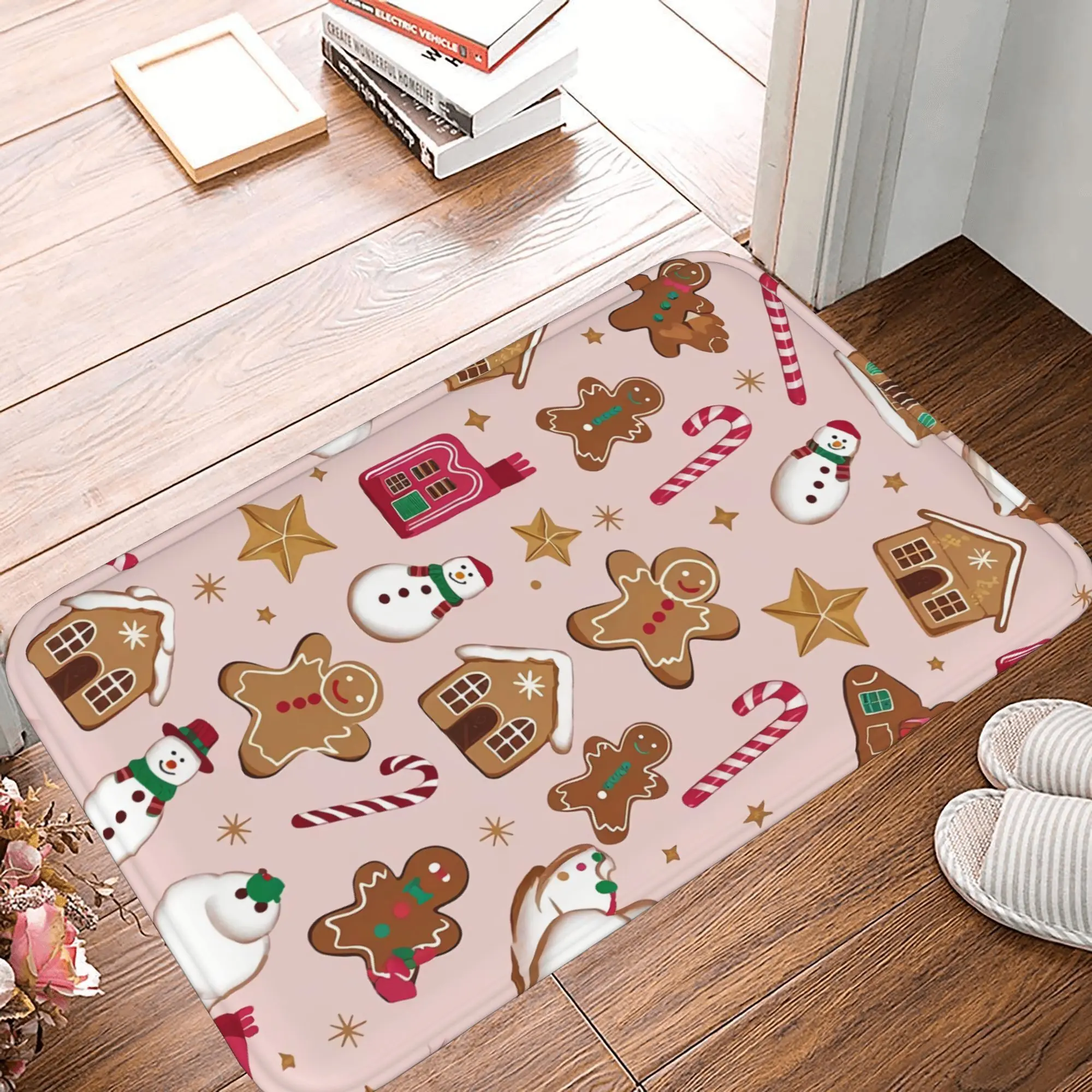 Pink Christmas Gingerbread Doormat, Festive Holiday Welcome Mat, Non Slip Indoor Outdoor, Fun Cartoon Design, Absorbent Entryway Rug for Home