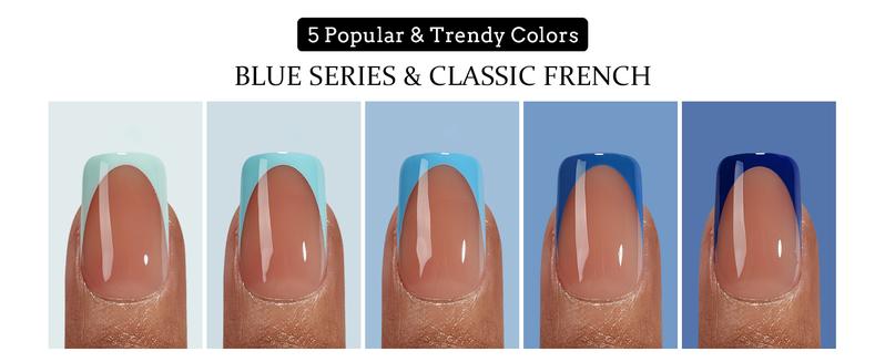 BTArtboxnails XCOATTIPS French Tip Press On Nails - Blue Short Square Fake Nail Tips, 160Pcs Soak Off Soft Gel Acrylic Nail Extension in 16 Sizes