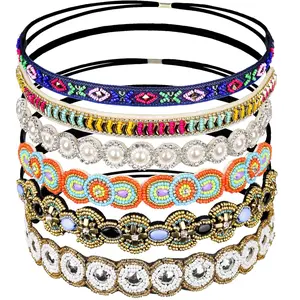 6 count Elastic Rhinestone Beaded Women Headbands, Handmade   Hair Bands for Girl Hair Accessories 20-26.8 Multicolor