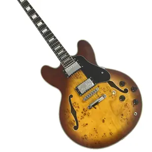 Sunburst Burl Wood Semi Hollow Guitar Double F-hole Maple Body chrome hardware