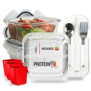 Portion Control Containers for Bariatric Meals - 8 oz Glass Meal Prep Containers with Two 4 oz Compartments and  (3 Pack),  Bento Lunch Boxes