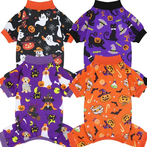 XPUDAC Ghost Theme Halloween Dog Pajamas - Funny Ghost Pumpkin Animal Print Apparel, Soft Stretchy Fabric 4 Pairs Multi-Size Pet Clothing for Small, Medium, Large, 2XL, 4XL Pets (4 Packs)