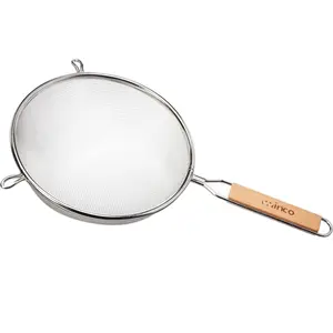Winco 8-Inch Strainer with Single Fine Mesh, Medium Size, Stainless Steel, Tan & Silver Wood Handle for Kitchen Utensils
