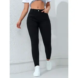 Women’s basic skinny black denim jeans with a slanted front pocket and zipper fly, streetwear fit, cotton fabric, button closure
