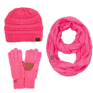 C.C 3pcs classic solid color cable knit beanie, glove and scarf set Winter