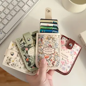 Vintage Floral Pattern Pull-Out Multi-Card Slot ID Holder, Large Capacity Compact Ultra-Thin Synthetic Leather Card Case with Snap Closure