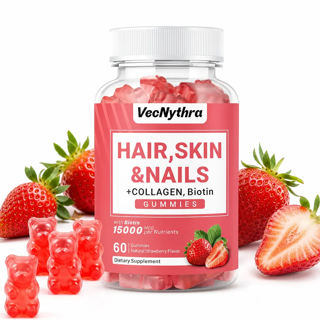 VecNythra -Hair, Skin & Nails Beauty Gummies with Biotin & Collagen, Strawberry Flavor Daily Self Care Dietary Supplement, 60 Gummies