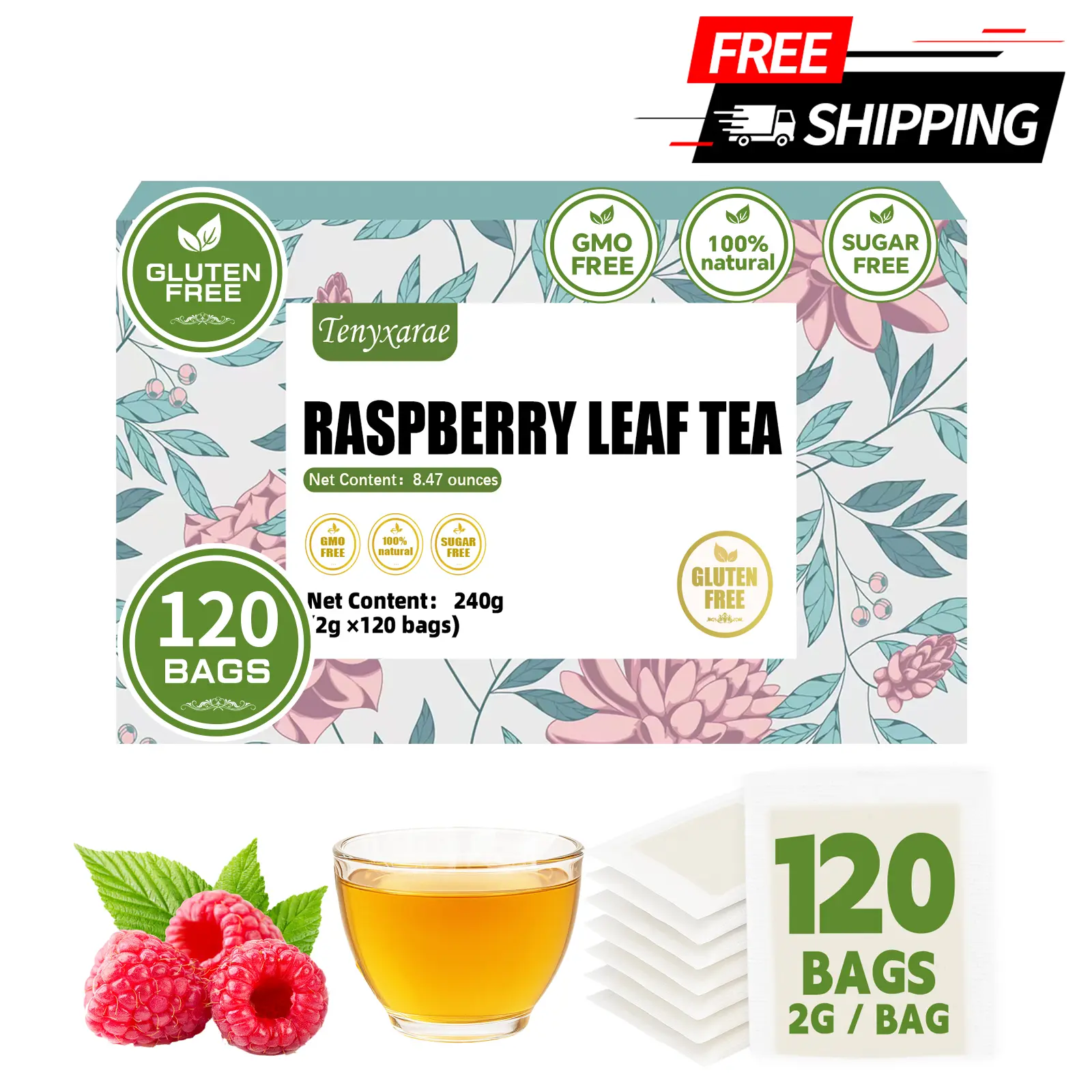100% Natural Organic Raspberry Leaf Teabags (120 Counts, 2g Per Bag) | Vegan, Gluten/Sugar/Caffeine-Free | Promotes Herbal Wellness & Antioxidant Benefits | Eco-Friendly Individually Wrapped