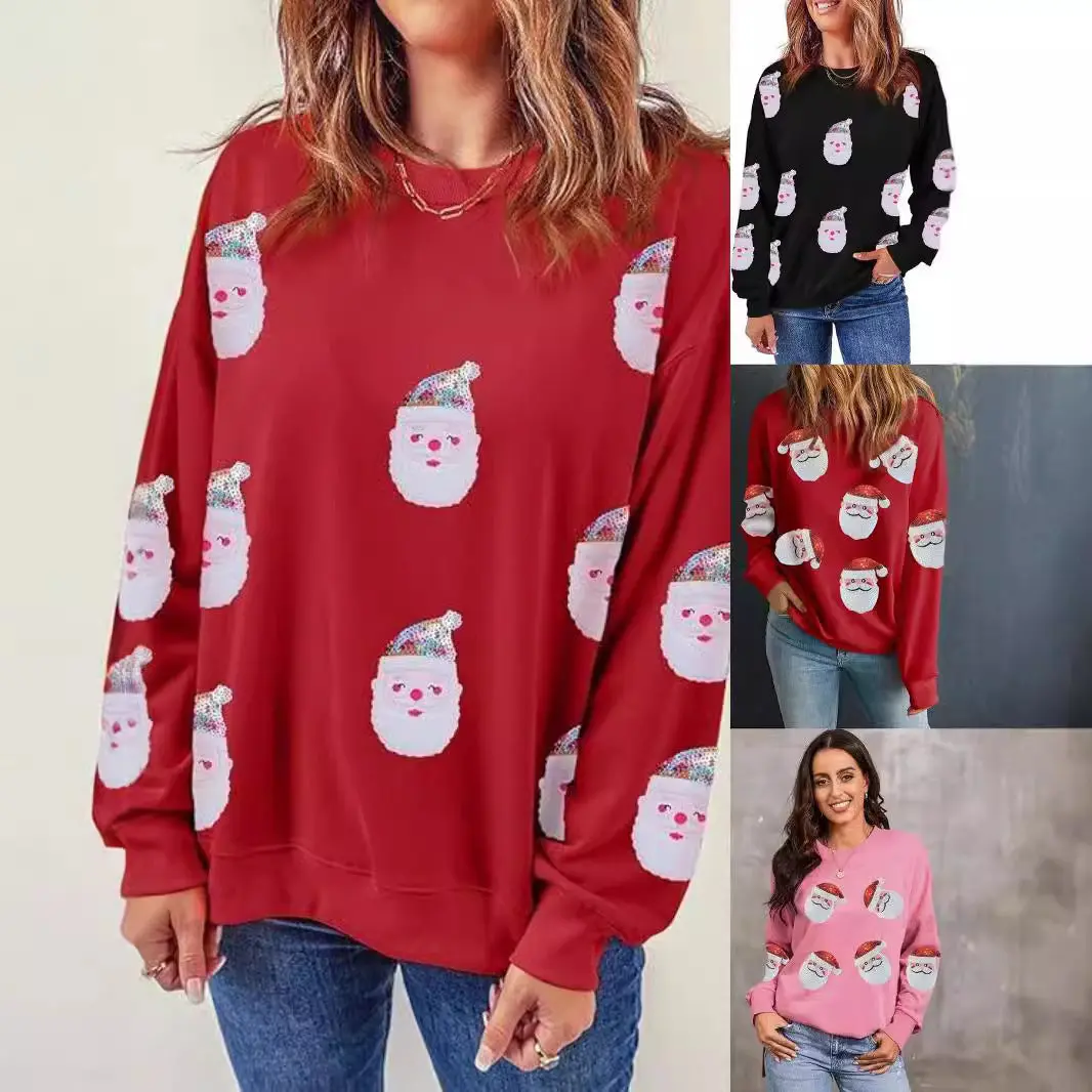 Sparkling Santa Claus Sequin Sweatshirt – Festive Long Sleeve Casual Top for Holiday Cheer
