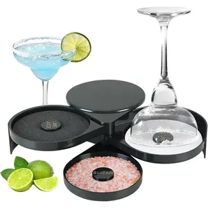 3-Tier Bar Glass Rimmer Bartender Tool with Sponge, 3-Tray Salt Rimmer Set, Black Plastic Salt Sugar Lime Juice Rimmer Box for Cocktails Margaritas
