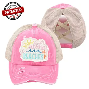 C.C Criss-Cross Ponytail Cap Distressed Embroidered Aloha Beaches Patch for Women