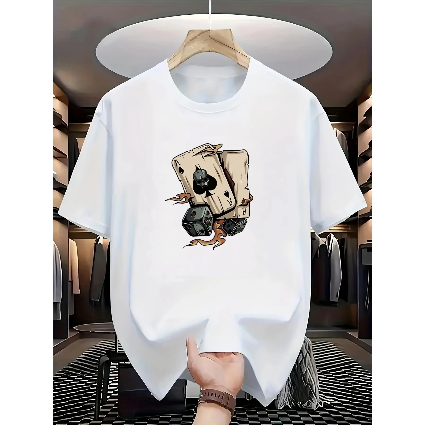 Women's Classic Cotton Shortleeve T-Shirts - Stylish Poker Cards & Dice Printed Casual Crewneck for Outdoor Wear, Shortsleeve, Graphic, Breathable, Thanksgiving, Crew Neck, Easter, Poker Print, Tshirt, Fabric, Round Neck, Streetwear, Outdoors, Party, Loos