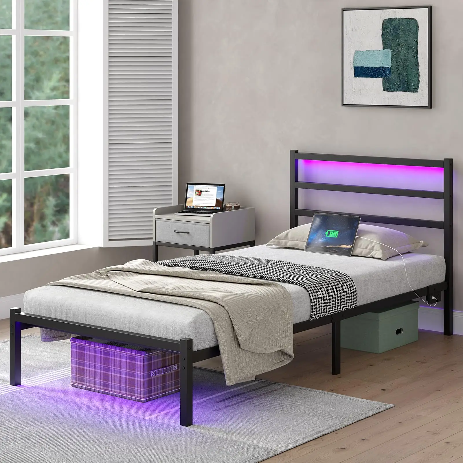 CollaredEagle Twin/Full Size Bed Frame with Headboard, Metal Platform Bed Frame with LED, Charging Station, No Box Spring Needed, Easy Assembly, Noise