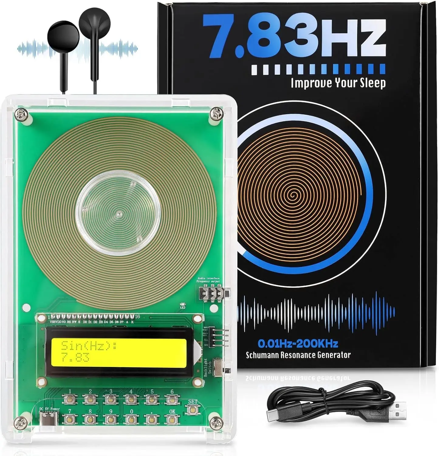 XIKDS 7.83Hz Frequency Generator for Healing | Schumann Resonance Generator (Adjustable 0.01Hz-200kHz) for Deep Sleep, Meditation, Yoga & Stress Relief | Type-C Powered LCD Display