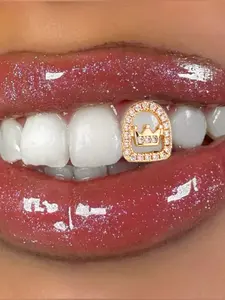 1pc Copper 18K Gold Plated Crown Grillz, Cubic Zirconia Inlaid, Royal Bling Design, Hip-Hop Tooth Jewelry for Party, Streetwear, Unisex Grills Accessory to Rule Your Style, Tooth Gems