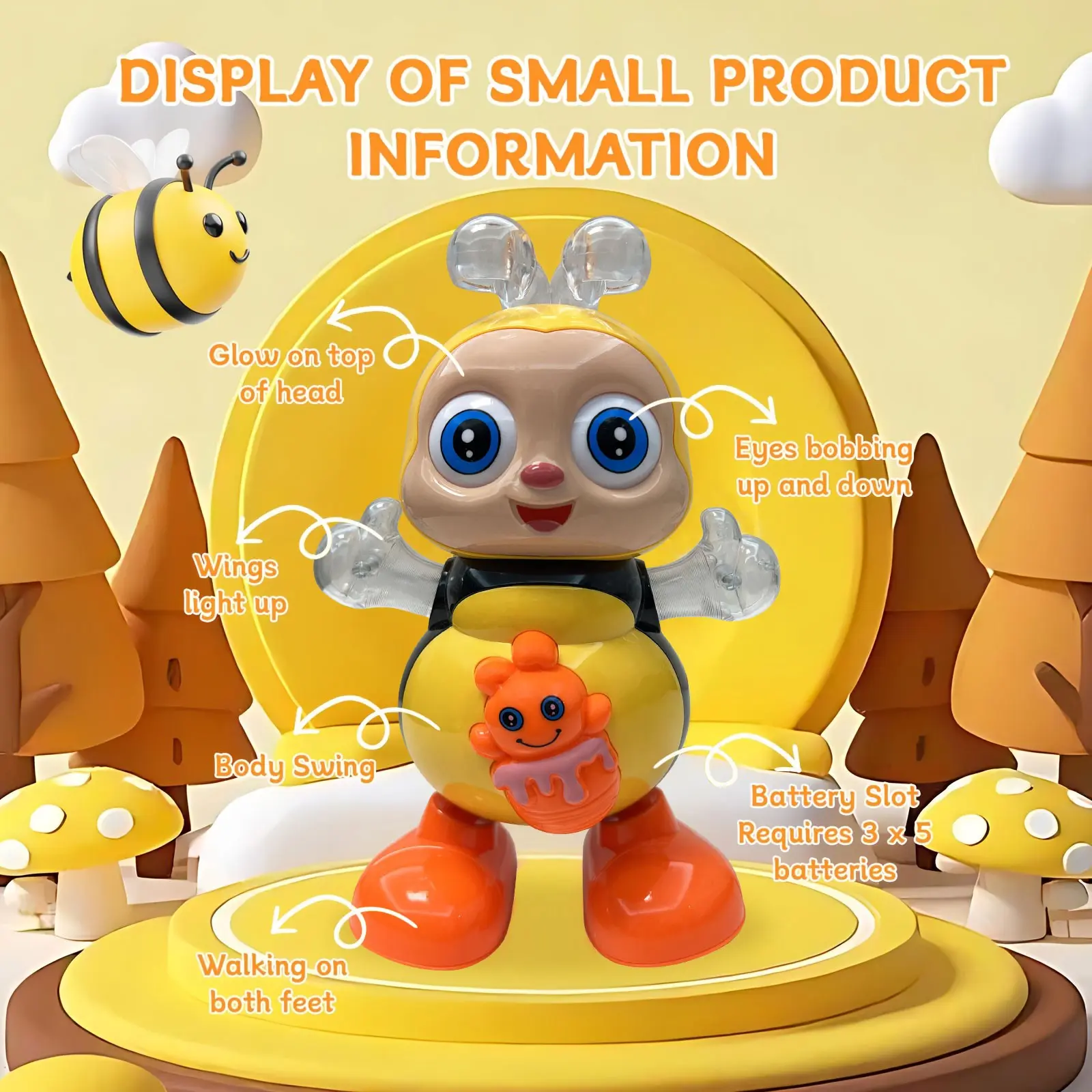 Electric Cute Dancing Bee Toy for Kids, Interactive Sensory Musical Light-Up Toy, Includes 3 AA Batteries, Fun Educational Gift for Children