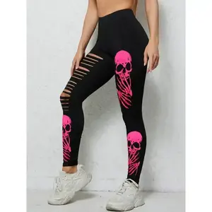Halloween Skull Ripped Cropped Leggings, High Elastic Skinny Pants with Geometric Pattern, Knit Fabric, Polyester 95% Elastane 5%, No Belt, All Season Casual Wear for Adults Womenswear Bottom