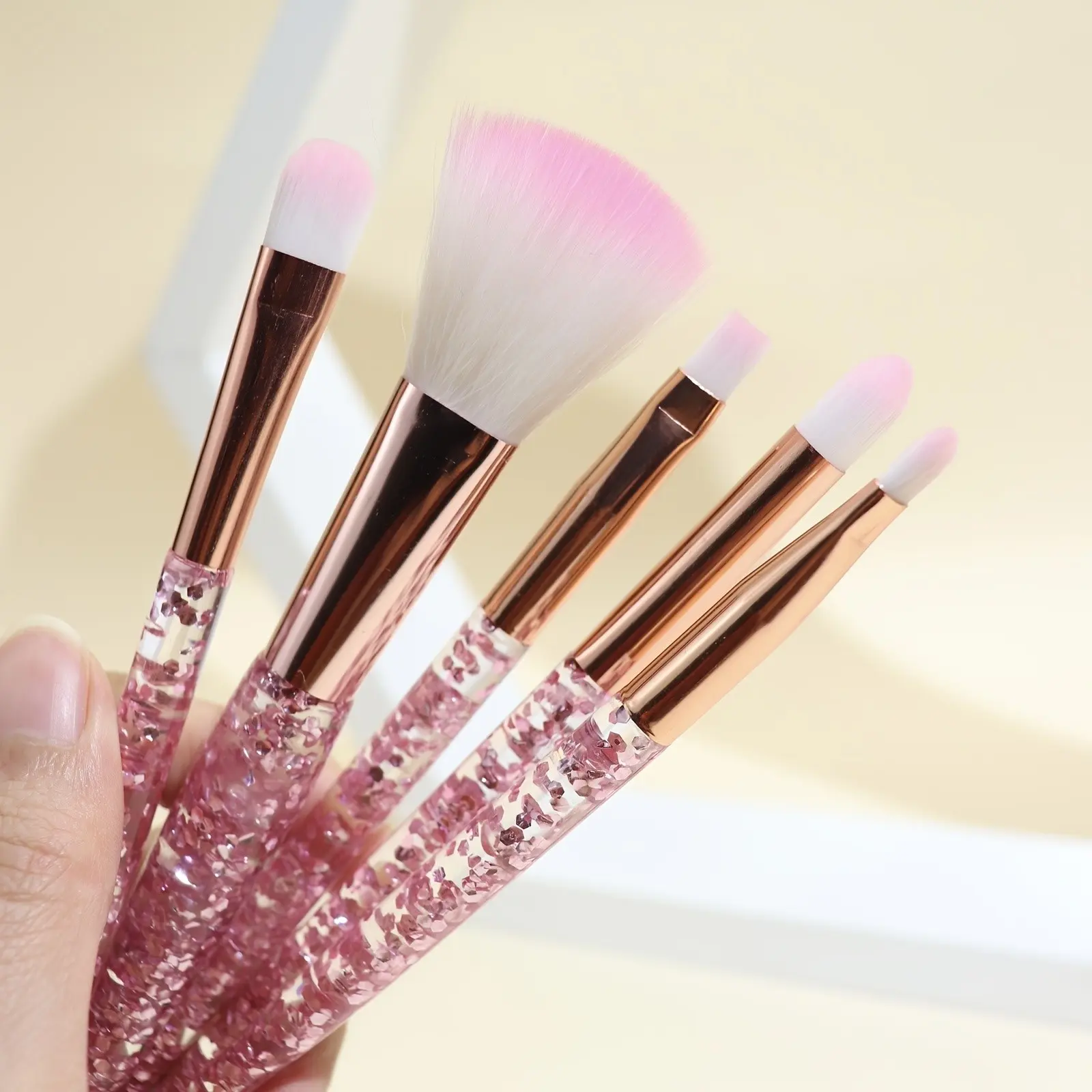 5pcs Flashy Crystal Handle Makeup Brush Set, Oval Head, Suitable for Foundation, Eyeliner, Eye Shadow, Lip, Soft Bristles, All Skin Types, Abs Handle, Portable Design