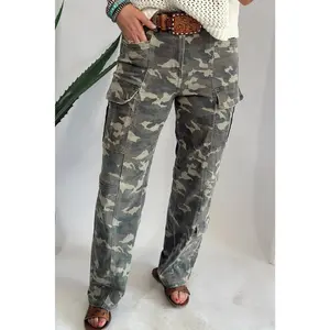 Green Camouflage Print Multi Pocketed Womens Denim Pants