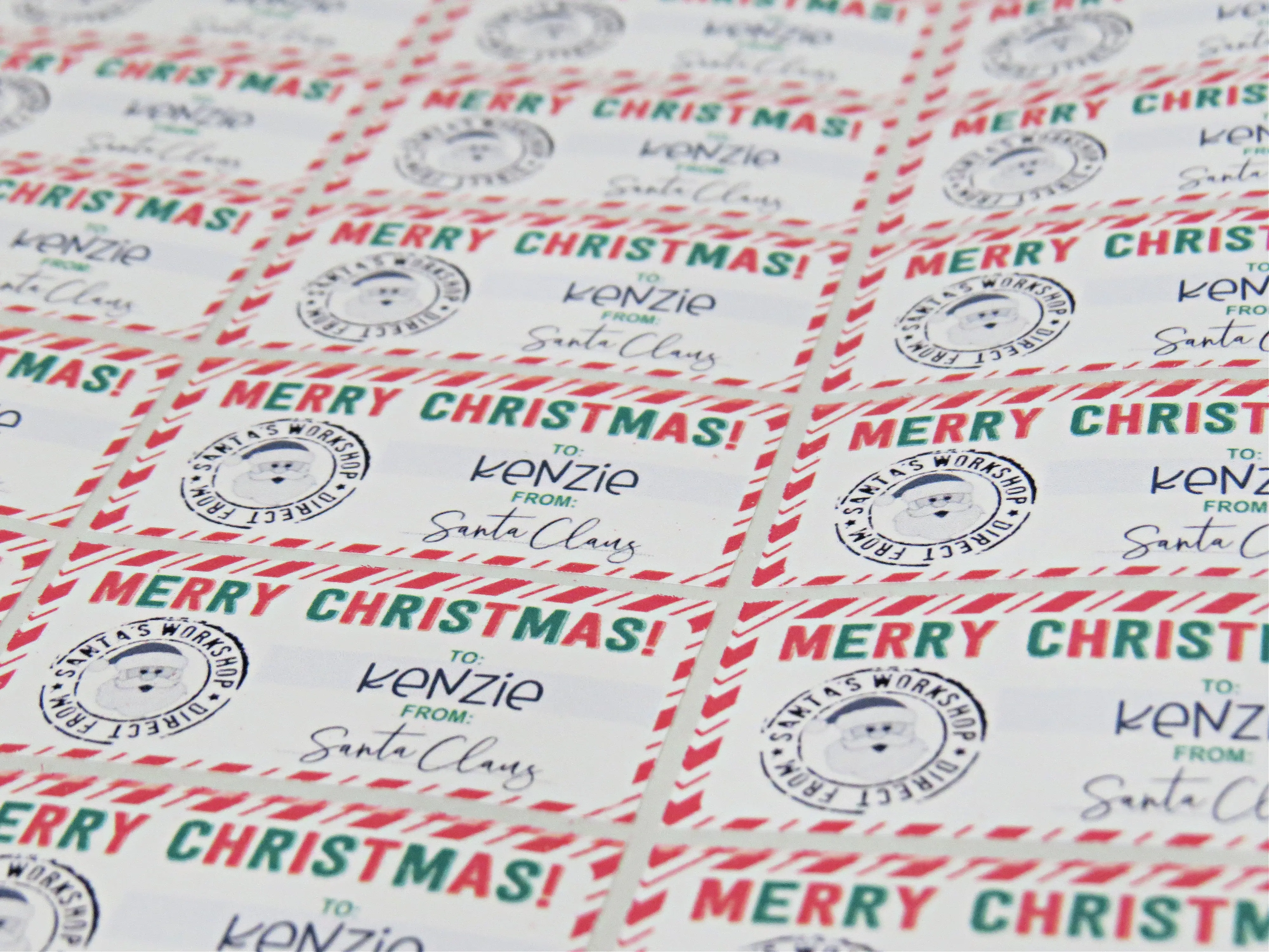 Handmade Kenzie's Boutique Personalized Christmas Present Gift Tag Stickers - From Santa To Kids - Name Labels for Holiday Gift Wrapping - Self Adhesive - Merry Holidays - Xmas for Presents Custom -