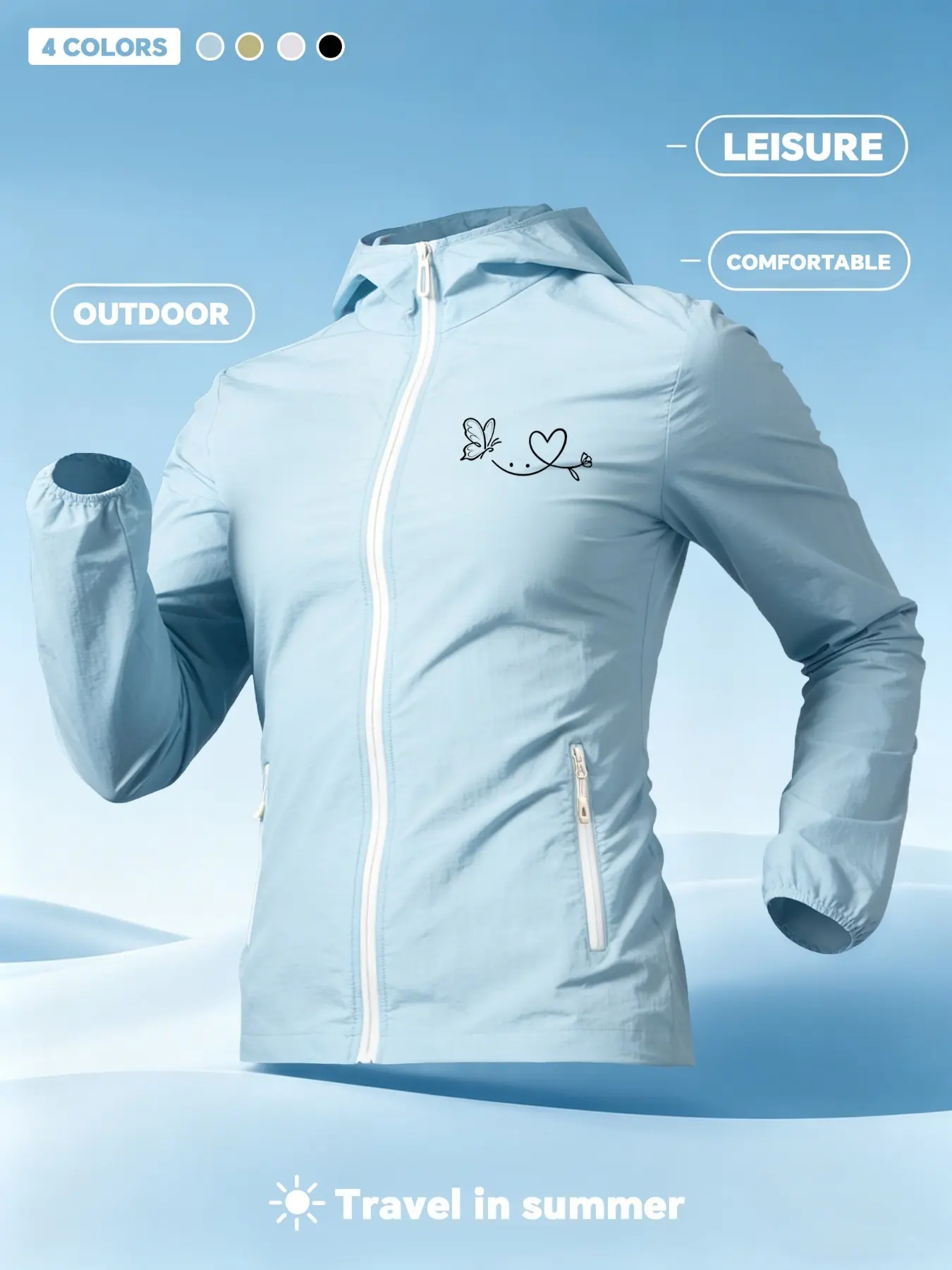 Butterfly And Heart Line Print Women Summer Hooded Zip Up Skin Coat Jacket Four Colors Optional Soft Skin Friendly Comfortable Loose Breathable Lightweight Fashion Casual Outdoor Camping Hiking Cycling Commuting Daily Travel Vacation Must Have New Arrival