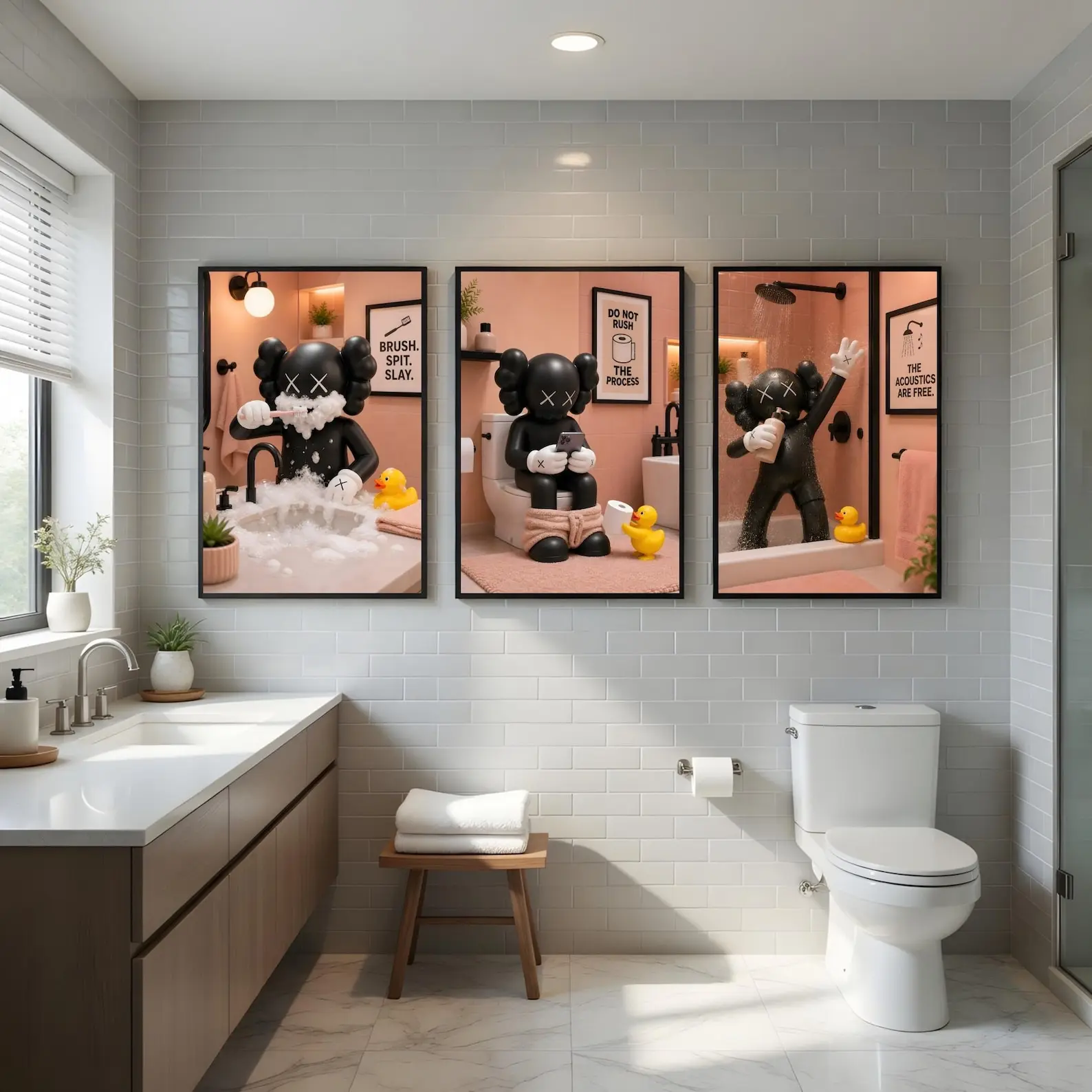 KAWS Bathroom Poster Print Unframed Decor Wall Art Set of 3, Hypebeast Washroom Decor, Black Biege Bathroom, Modern KAWS Prints, Luxury Bathroom Wall Print