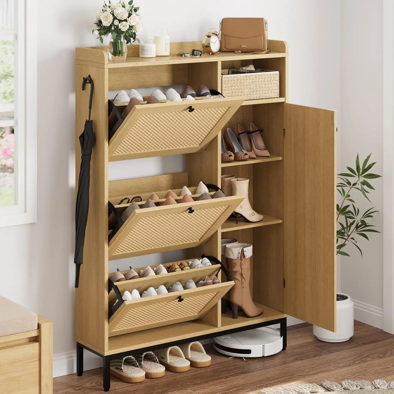 Light Oak Rattan Home Shoe Cabinet for Women - 3 Flip Drawers, 4-Tier Adjustable Metal Shoe Rack, Freestanding Decorative Storage with Display Area for Entryway, Easy Installation