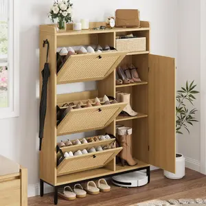 Home Shoe Cabinet Rattan with 3 Flip Drawers & 4-Tier Storage Freestanding Organizer for Entryway Closet Hallway Light Oak