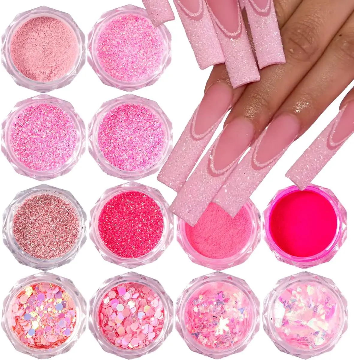 12 Jars Pink Iridescent Nail Glitter Powder Set, Vibrant Shades Sequins Dust Paillette Sparkle Flakes, Convenient Jars Nail Supplies for Acrylic Tips Manicure Decorations