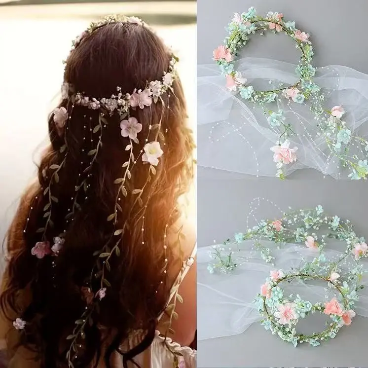 Bohemian-Style Artificial Flower Garland Headpiece for Brides Wedding Long Tassel Headpiece Travel Vacation Party Dress-Up Accessory