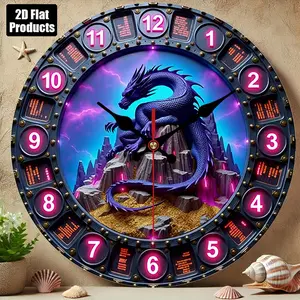 2D flat design. 1 piece set. Magical Purple Dragon Punk Style Creative Wall Clock, Silent Decorative Wall Clock, Creative Wall Clock, Suitable for Bedroom, Living Room, Office Decoration, 25/30 cm (excluding AA batteries), 2D Flat Version
