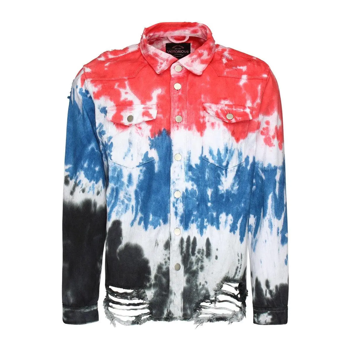 VICTORIOUS Men's Tie Dye Ripped Denim Overshirt, Casual Long Sleeve Collared Button-Down Top with Chest Pockets, Multi, Fashion Look, Menswear, All Seasons, Clothes