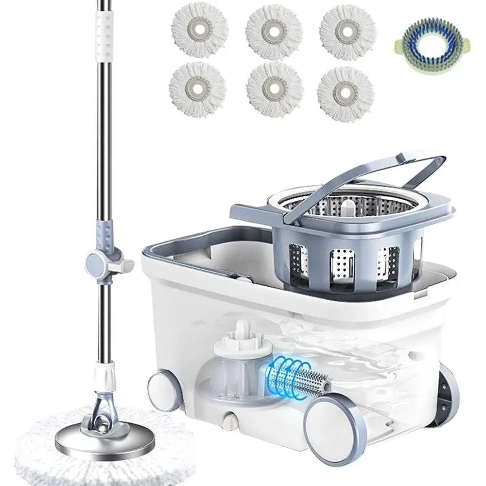 Spin Mop Bucket Deluxe 360 Spinning Floor Cleaning System with 6 Microfiber Replacement  Refills,62" Extended Handle,4X Wheel for Home Cleaning