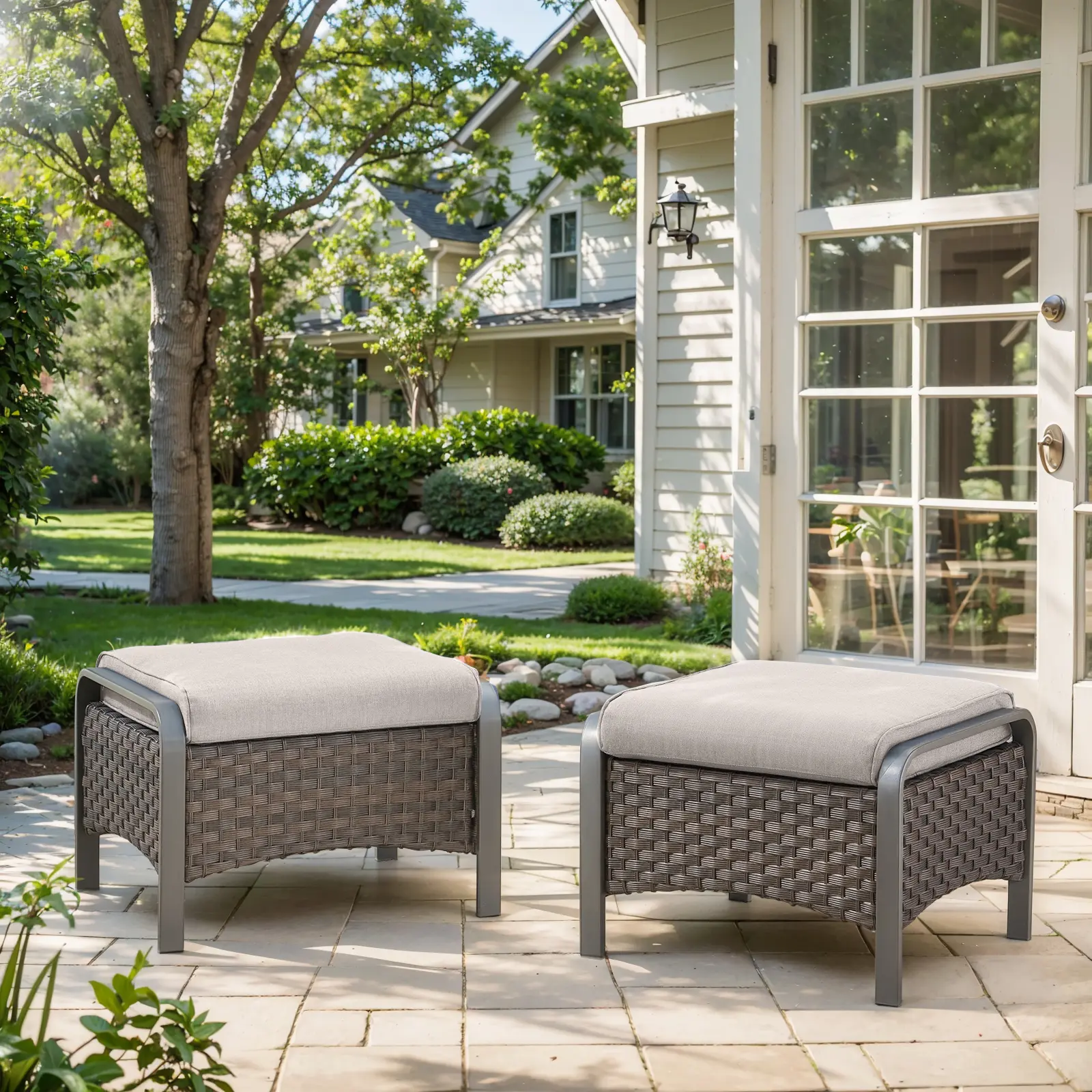 Outdoor Ottomans for Patio - 250 LBS Weight Capacity PE Wicker Foot Rest Ottoman Set of 2 with Metal Frame Multipurpose Outdoor Foot Stool for Porch Balcony Backyard,HW Series