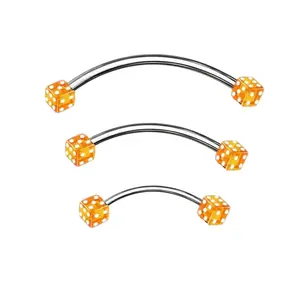 16G Orange Acrylic Dice End Curved Barbell Bar Snake Eyes Tongue Surgical Steel and Grade Titanium Piercing Jewelry