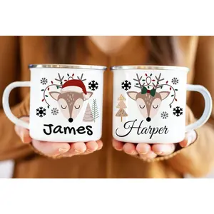 Personalized [SEND CUSTOM VIA MESSENGER] Reindeer Enamel Mug, Hot Cocoa Camping Mug, Ceramic Coffee Mug