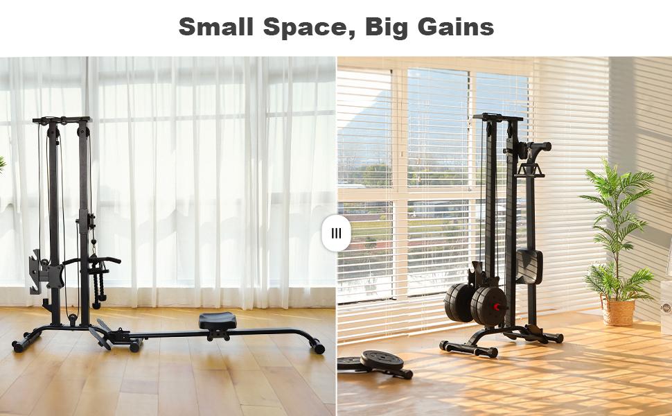 TOUSAINS Foldable Lat Pulldown & Low Row Cable Machine — 330LBS Capacity Foldable LAT Tower for Home Gym, Cable & Row System with Dumbbell Clamps