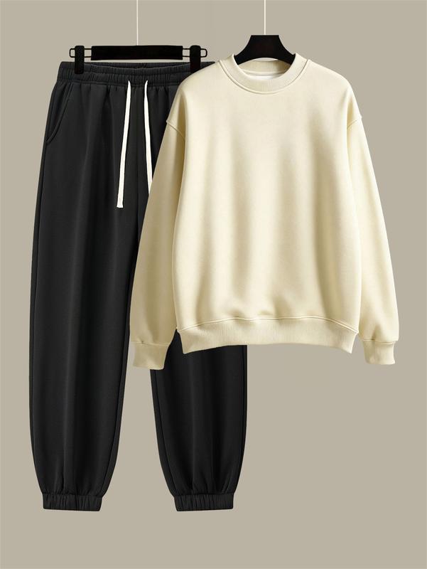 Men's Cotton Solid Color Casual Tracksuit Set Loose Fit Crew Neck Sweatshirt with Matching Jogger Pants for Fall Winter Comfortable Menswear Outfit for Outdoor Activities Sporty Commute Fitness and Relaxed Everyday Wear