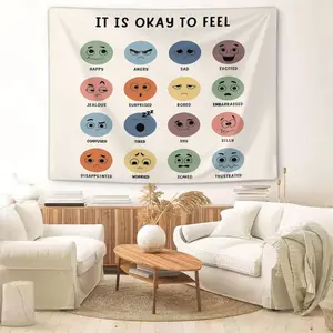 It Is Okay to Feel Emotion Chart Tapestry, Mental Health Awareness Wall Hanging, Colorful Mood Faces Tapestry for Bedroom Living Room Office, Positive Affirmation Wall Decor, Ideal Gift for Teens & Adults