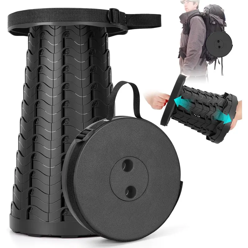 Collapsible Armless Plastic Stool - Upgraded Foldable Portable Single Seat, 400lbs Load Capacity, Fish-Scale Structure, Carrying Strap, Fully Assembled Durability, Adjustable Heights, Black Value Pack for Camping, Fishing, Hiking, Unique Gift Option