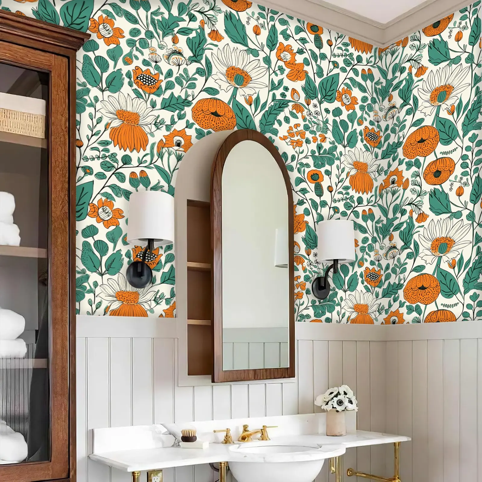 Wallpaper Roll 44.5x100cm Waterproof Removable Peel and Stick Wallpaper Floral Plant Pattern, Self-Adhesive PVC Decorative Kitchen Wallpaper for Home Decoration