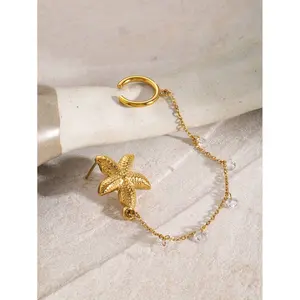 18K Gold Plated Starfish Stud Earring with Chain Ear Cuff