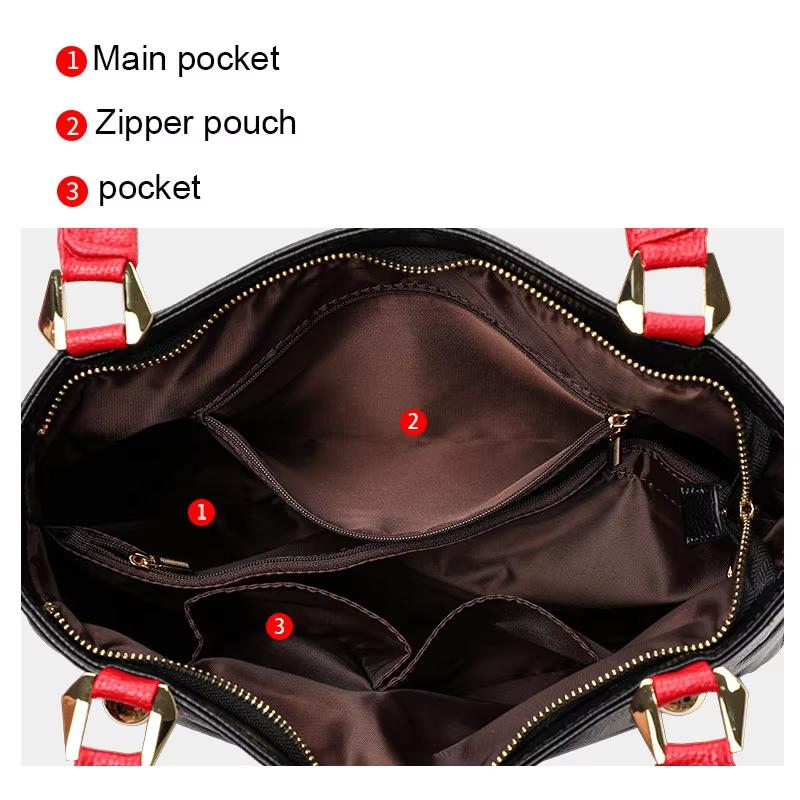 Women's Glossy Faux Leather  city   Tote Bag with Red Handles and Striking Embossed Letter Pattern