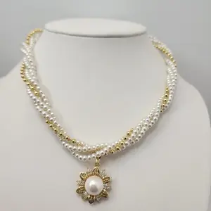 14k Gold Laminated Chain with Lab Made Pearls - 16 Inch Length with extension to 18 inch. Classic & Versatile Necklace for All Occasions, Elegant Understated Jewelry with Gold laminated flower pendant